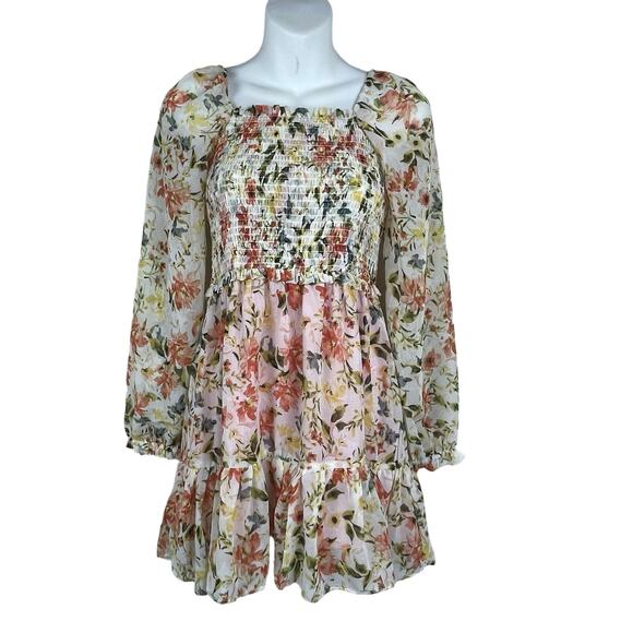 1. State Women's Ivory Floral-Print Tiered Smocked Mini‎ Dress XS Fairy Coquette - Picture 1 of 6